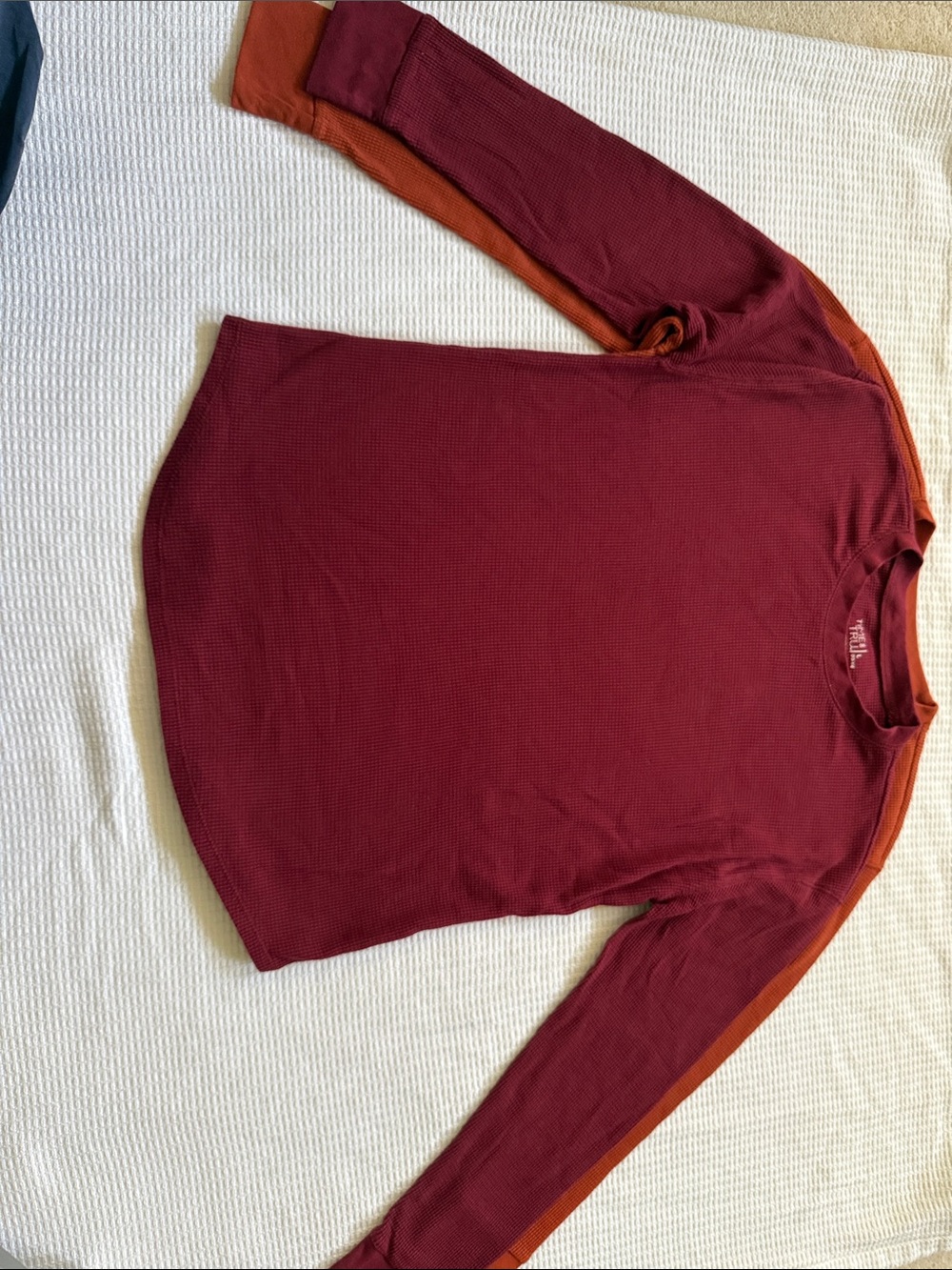 Two Women’s Time & Tru Long Sleeve Waffle Knit Crewnecks — Orange & Burgundy (L)